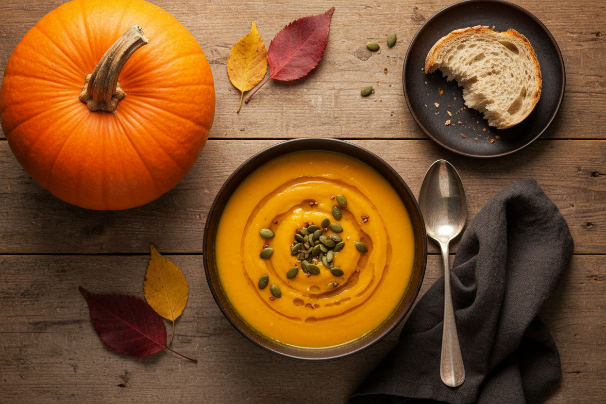 kürbissuppe mit kürbis auf dem tisch und nur der tisch ist zu sehen
