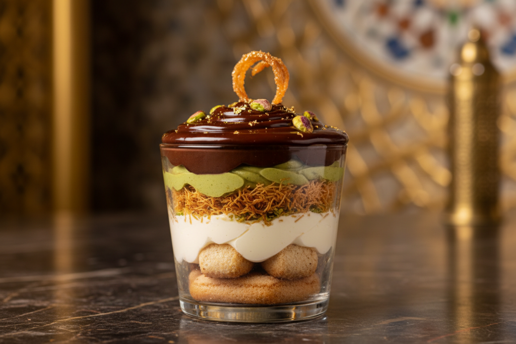 Dubai-schokolade tiramiasu becher, es soll eine schicht tiramisu keks sein eine schicht mascapone eine sicht pistaziencreme mit künefe (teigfäden) und letze schicht schokolade