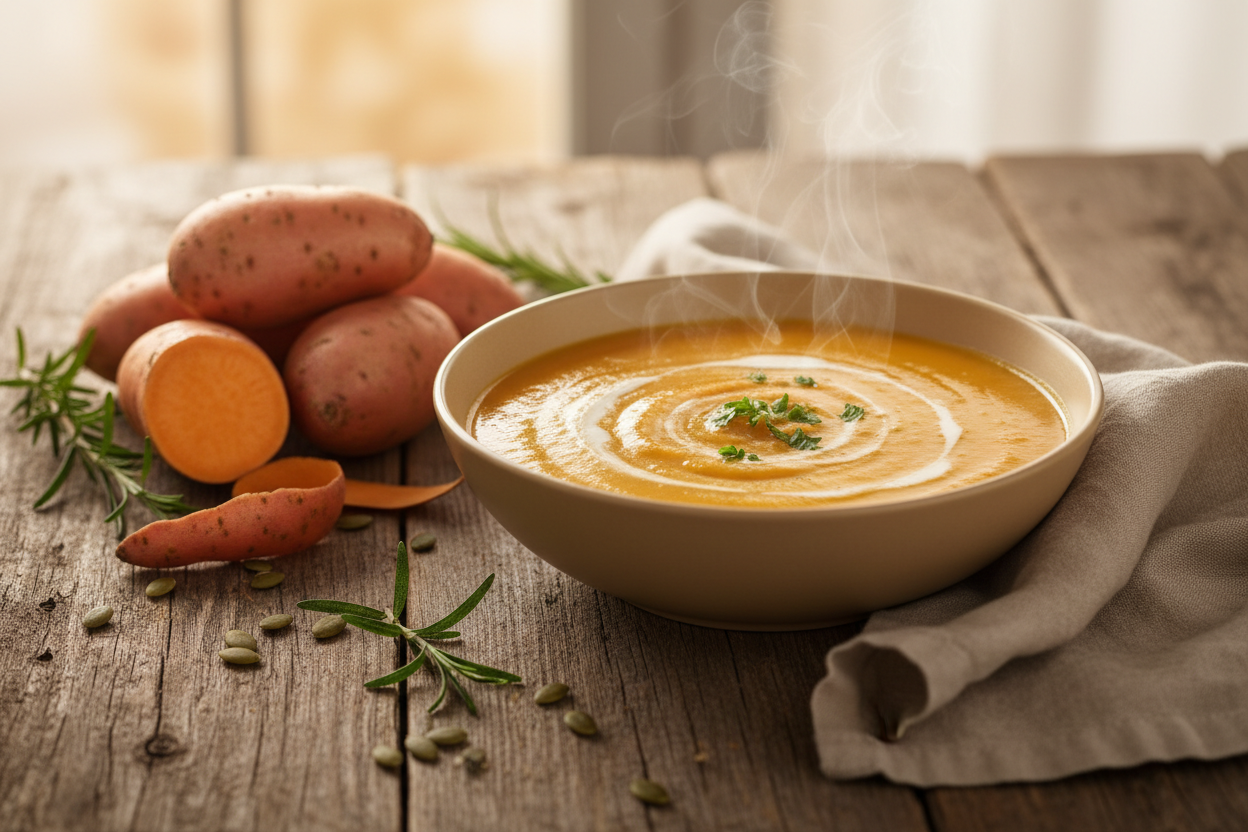 Eine Süßkartoffelsuppe mit süsskartofel im hintergrund auf dem tisch und nur ein tisch zu sehen